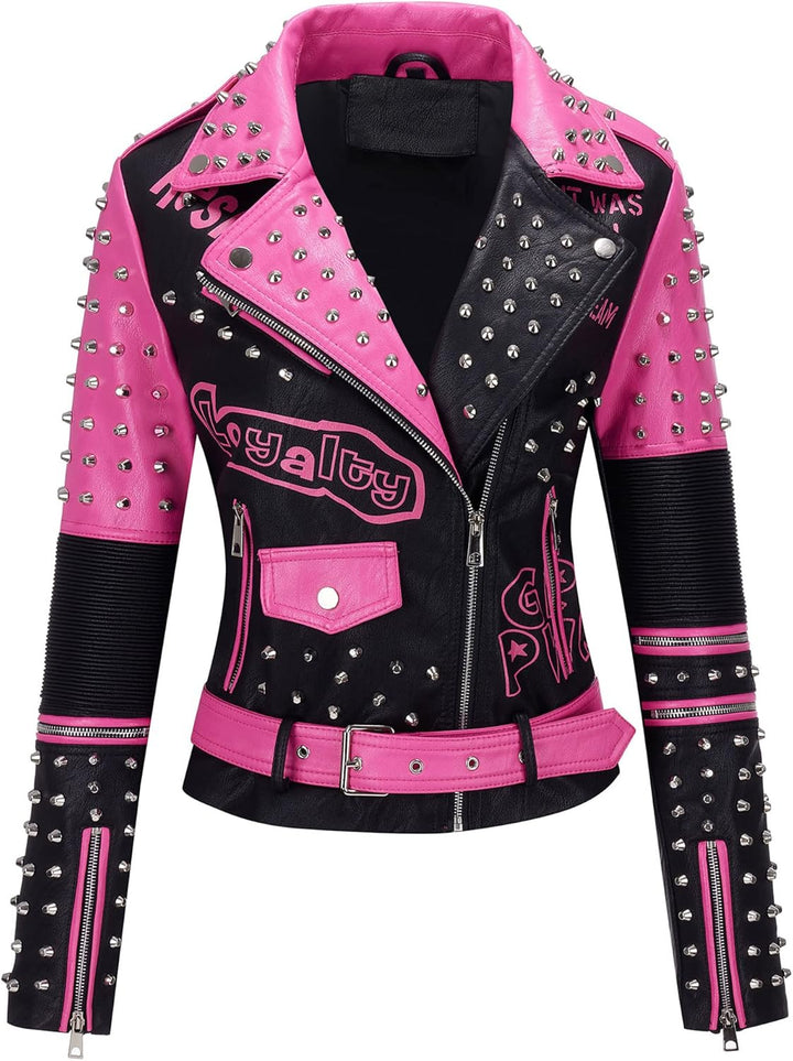 Giolshon Damen Kunstleder Jacke Nieten Floral Moto Biker Kurzer Revers Mantel 3XL 0376_Rosa, 3XL 037