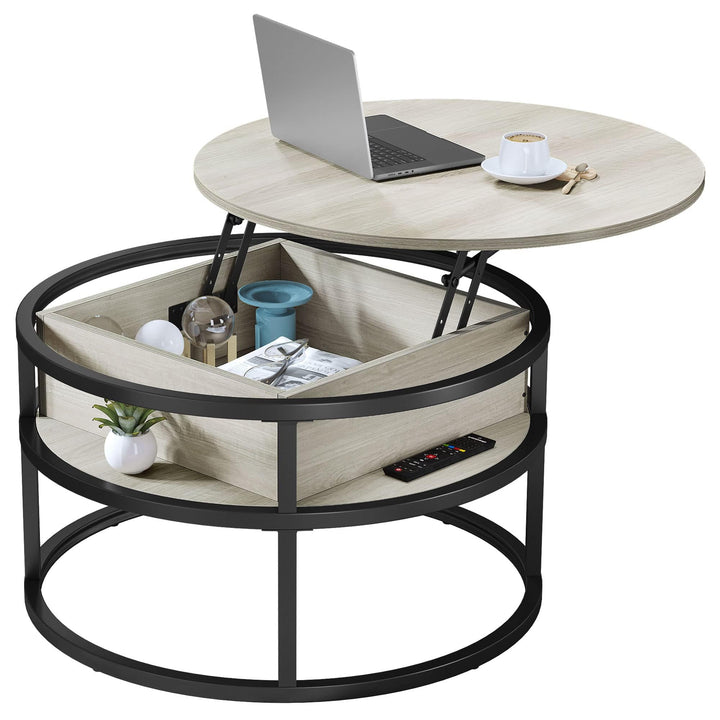 YITAHOME Couchtisch Rund mit Hebeplatte, Wohnzimmertisch mit verstecktem Ablagefach, Beistelltisch R