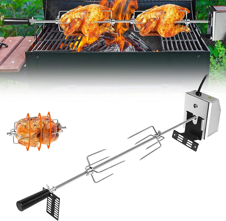 Elektrischer Grillspiess Set 107cm Drehspiess inkl. 2X Fleischnadeln und Edelstahl Motor, 220V-240V,