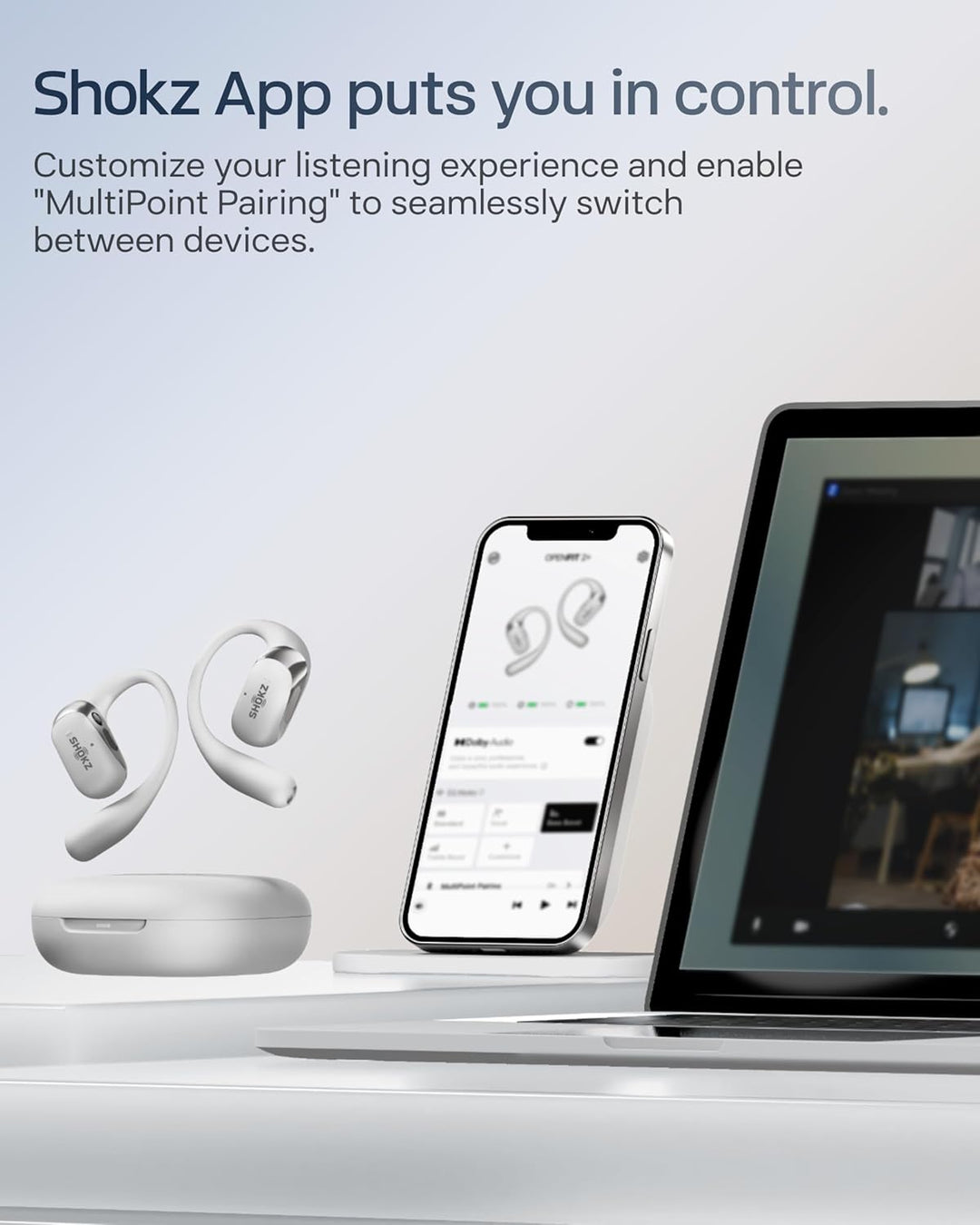 SHOKZ OpenFit 2+ Neu Open-Ear-Kopfhörer, Dolby Audio Ohrbügel-Ohrhörer, 48 Std. Spielzeit, IP55 wass
