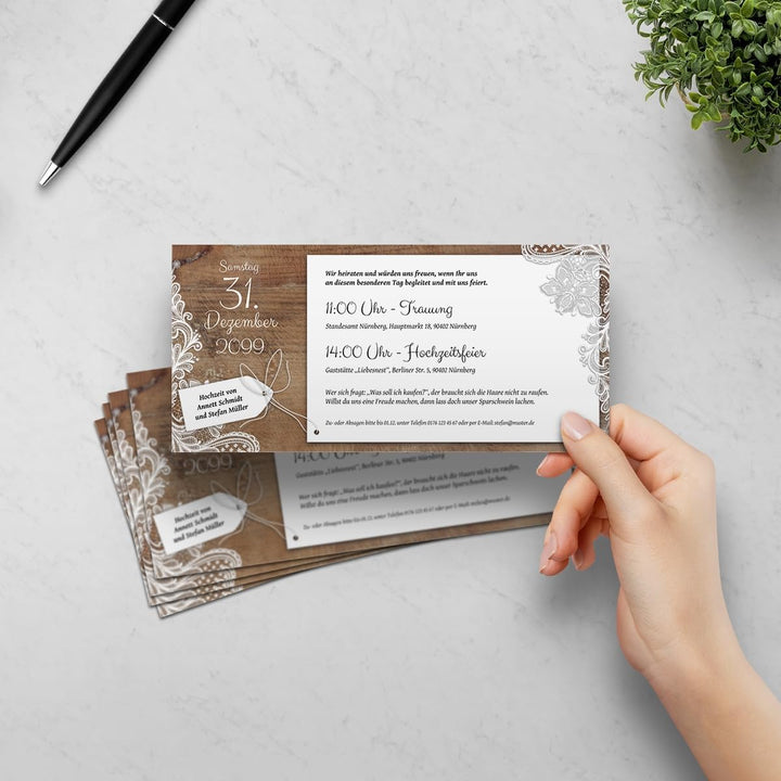 Kartenmachen.de 10 x Hochzeitseinladungen individuell mit Ihrem Text und Foto als DIN Lang Ticket 99