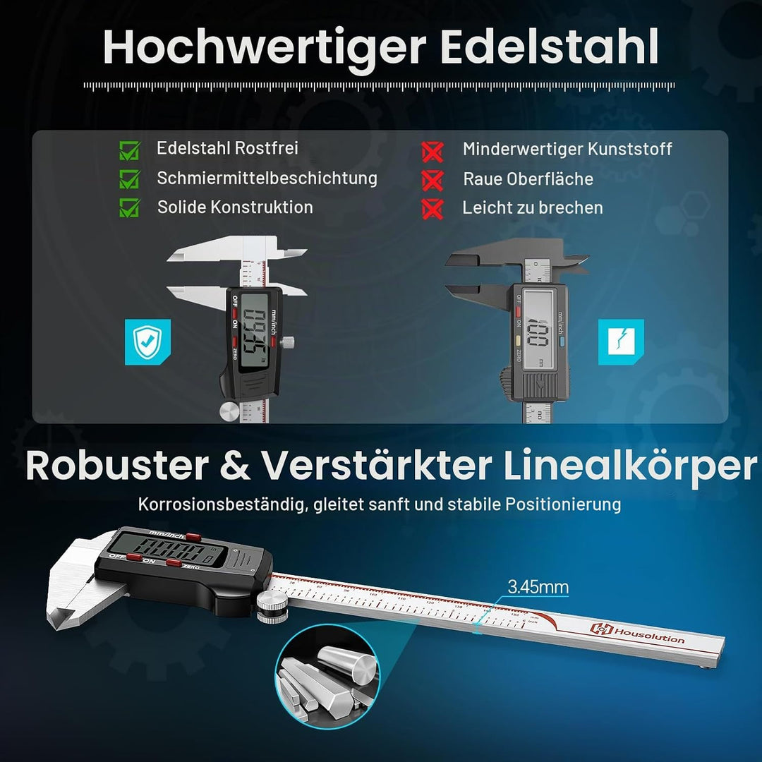 Housolution Digitaler Messschieber 6 Zoll, Messschieber mit grossem LCD-Bildschirm, Zoll/MM, 4 Messw