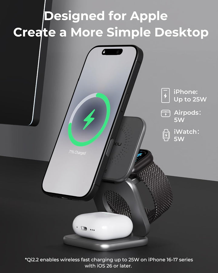 KU XIU X40 Turbo Qi2.2 25W 3-in-1 Ladestation für iPhone 17/16/15/14/13/12, 5W für Apple Watch und A