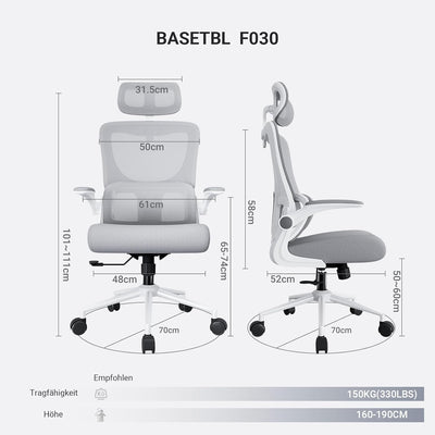 BASETBL Bürostuhl Ergonomisch hat Lordosenstütze und Verstellbarer Kopfstütze,Schreibtischstuhl mit