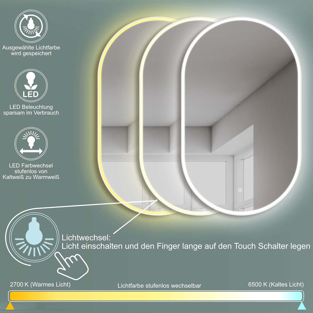 HOKO Design Badspiegel oval 45x75 cm / 75x45 cm Bern mit Energiesparend LED Beleuchtung und Metall R