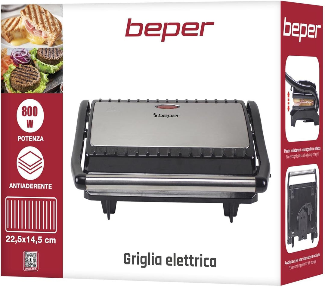 BEPER P101TOS003 Kompakter Elektrogrill, Antihaft-Platte, Toaster, Sandwiches, Fleisch, Gemüse – Sel