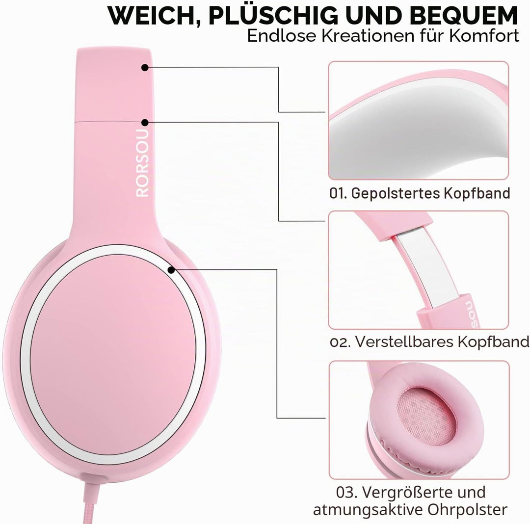 RORSOU R10 Over-Ear Kopfhörer mit Mikrofon, Leichtgewichtige klappbare Stereo-Bass-Headset mit 1,5 m