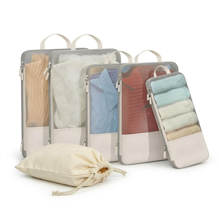 Koffer Organizer, 6er Set Packing Cubes Kompression Beige mit Langgriff, Premium Packwürfel für Reis