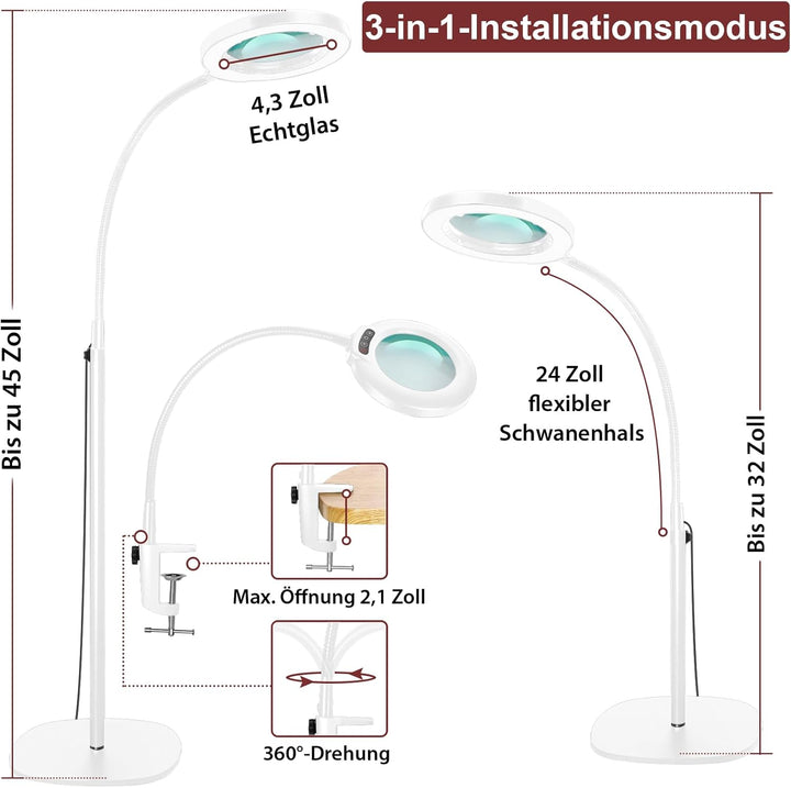 Veemagni 10X Lupe mit Licht und Ständer, 24“ Flexible Schwanenhals-Lupe Stehlampe, 5 Farbmodi Stufen