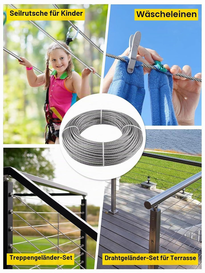 TooTaci 5mm T316 Edelstahlseil, 30M /5mm Drahtseil, Schwerlast-Geländerset – 7×19 Litzen Marinequali