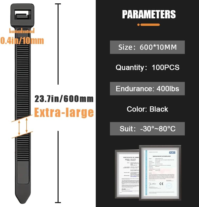 100 Stück Grosse lange Kabelbinder 600 mm x 10 mm, UV-Beständig ultra starke Kabelbinder mit 100 kg
