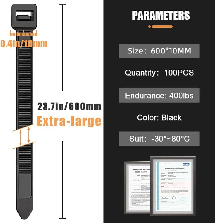 100 Stück Grosse lange Kabelbinder 600 mm x 10 mm, UV-Beständig ultra starke Kabelbinder mit 100 kg