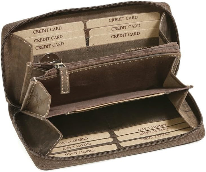 LEAS Damenlangbörse umlaufenden Reissverschluss Lilianen-Muster Echt-Leder, braun Vintage-Collection