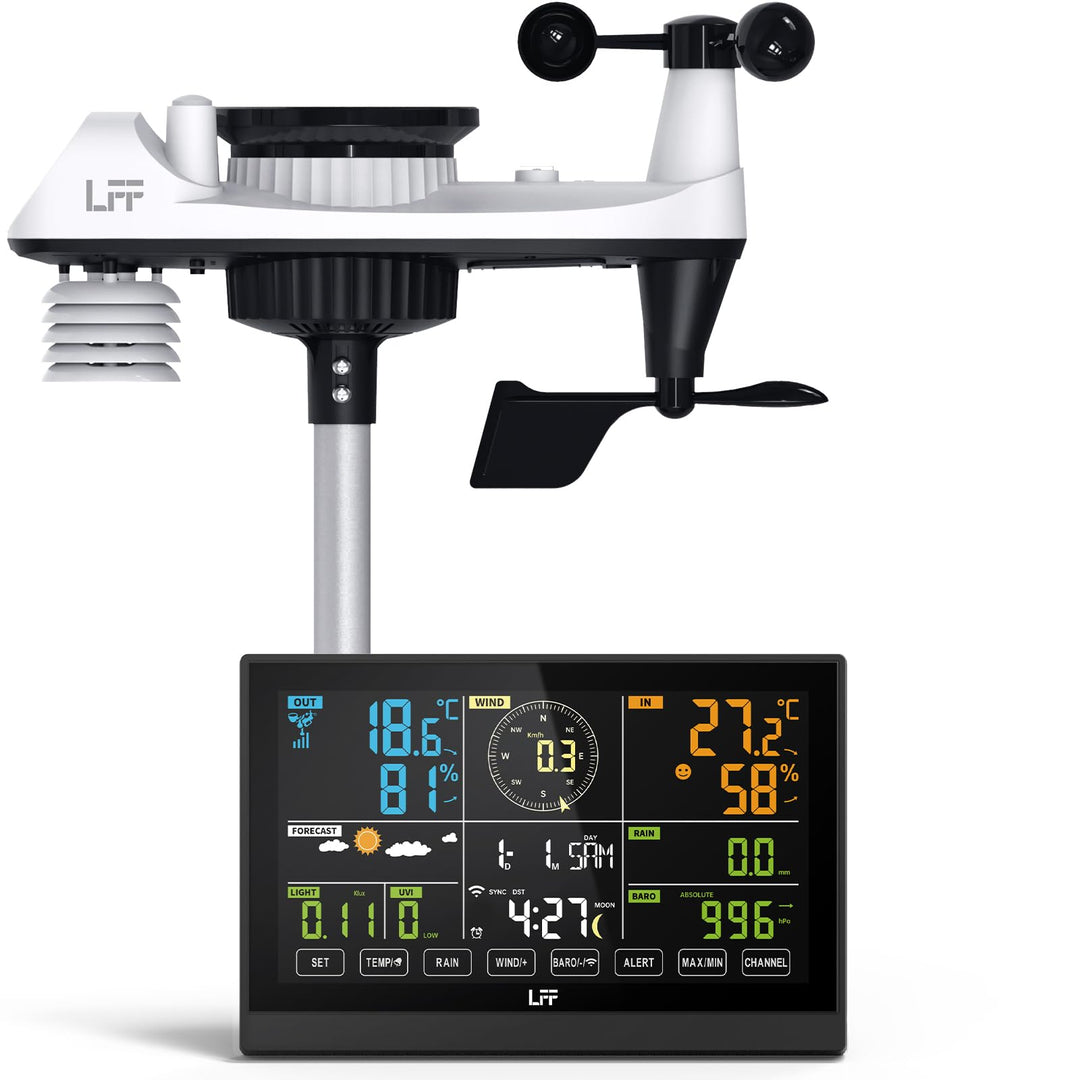 LFF WLAN 7-In-1 Wetterstation Funk mit Aussensensor, 7,5 Zoll Display,Wetterstation mit Smart Life-A