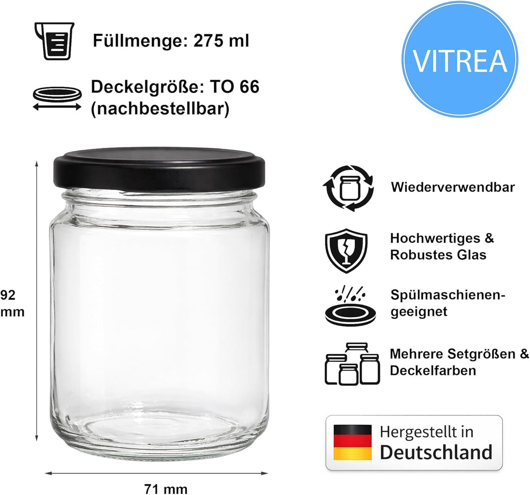 Vitrea 100x Marmeladengläser 275 ml - mit Deckel Schwarz TO 66 - Einmachgläser zum befüllen mit Schr