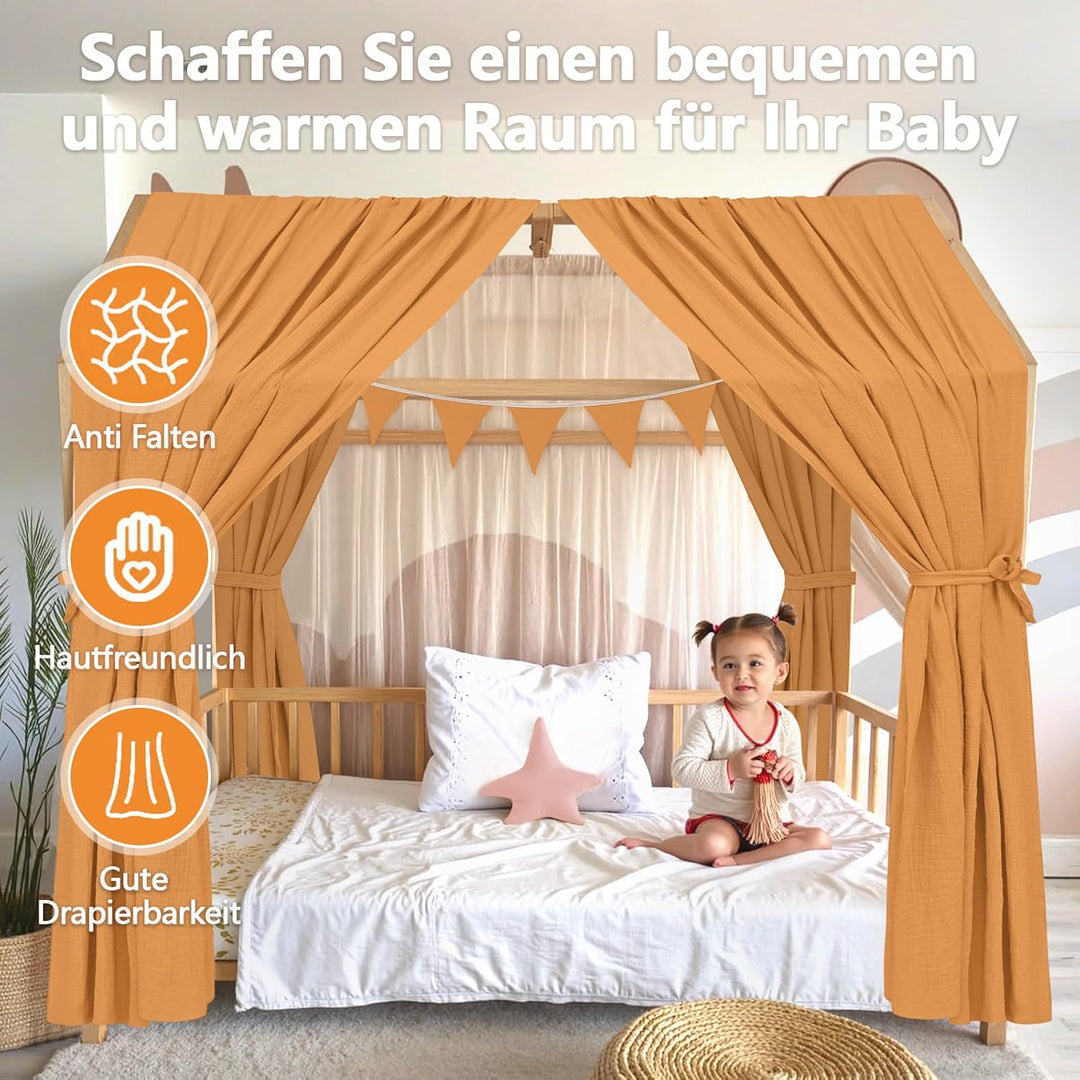 Alishomtll Hausbett Himmel Deko Set, 2 Betthimmel Hausbett aus 100% Baumwolle Musselin, 1 Wimpelkett