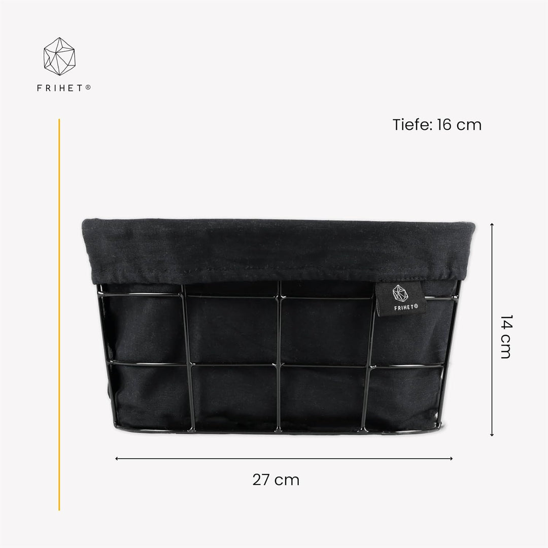 FRIHET 2-in-1 Brotkorb & Obstschale - Metall - waschbare Einlage aus 100% Baumwolle - oval - schwarz