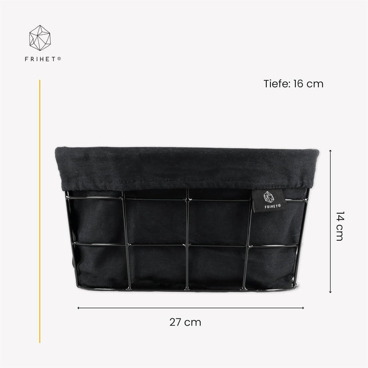 FRIHET 2-in-1 Brotkorb & Obstschale - Metall - waschbare Einlage aus 100% Baumwolle - oval - schwarz