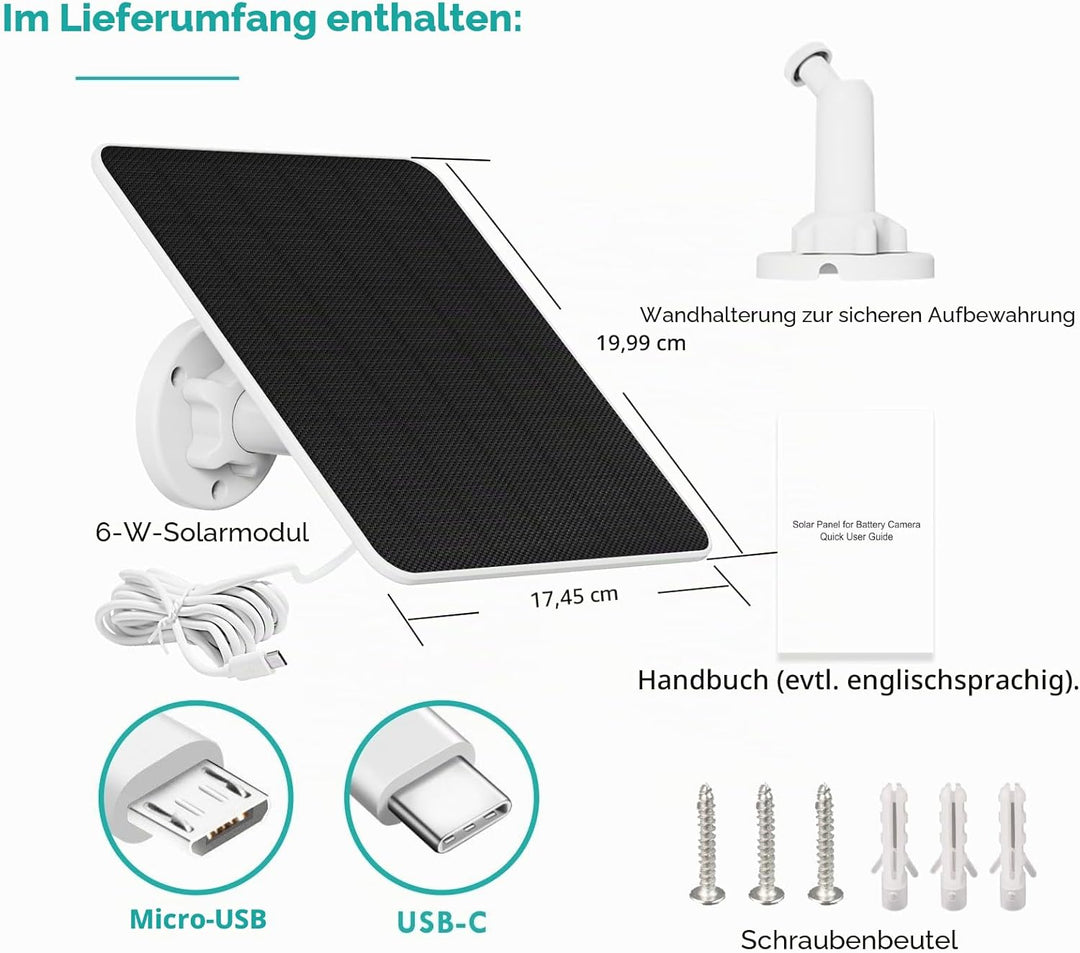 Solarpanel für Überwachungskamera Aussen Akku, 6W USB Solarmodul kompatibel mit DC 5V wiederaufladba