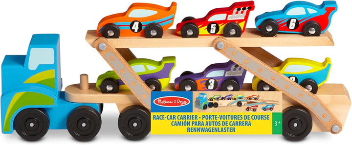 Melissa & Doug Rennwagenlaster aus Holz, Rennwagenlaster