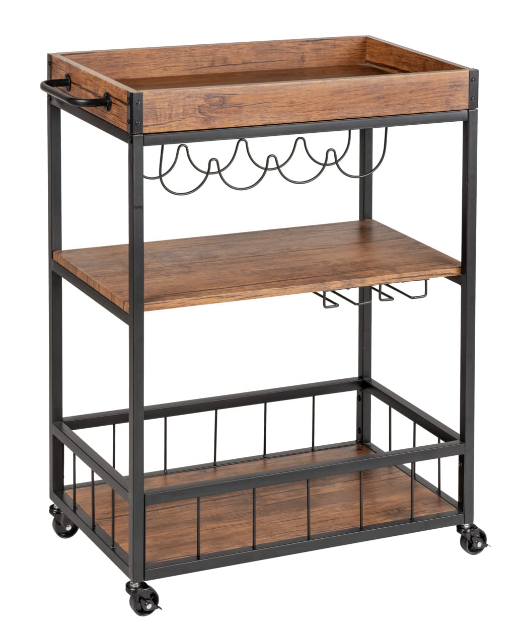 WENKO Küchenwagen Rustico, 3 Etagen, vielseitiger Servierwagen mit 4 Rollen, Kücheninsel mit Weingla