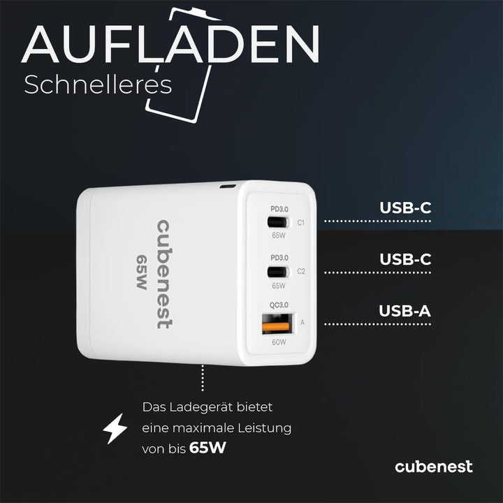CubeNest 65W Reise PD Ladegerät, 2-Port USB C + USB A, PD 3.0, mit GaN Tech USB C Netzteil, Schnelle
