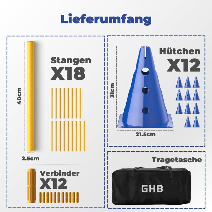 GHB Steckhürdenset 12 Kegel 18 Stangen, Agility Hürden Set Hunde, Fussball Trainingszubehör für Koor