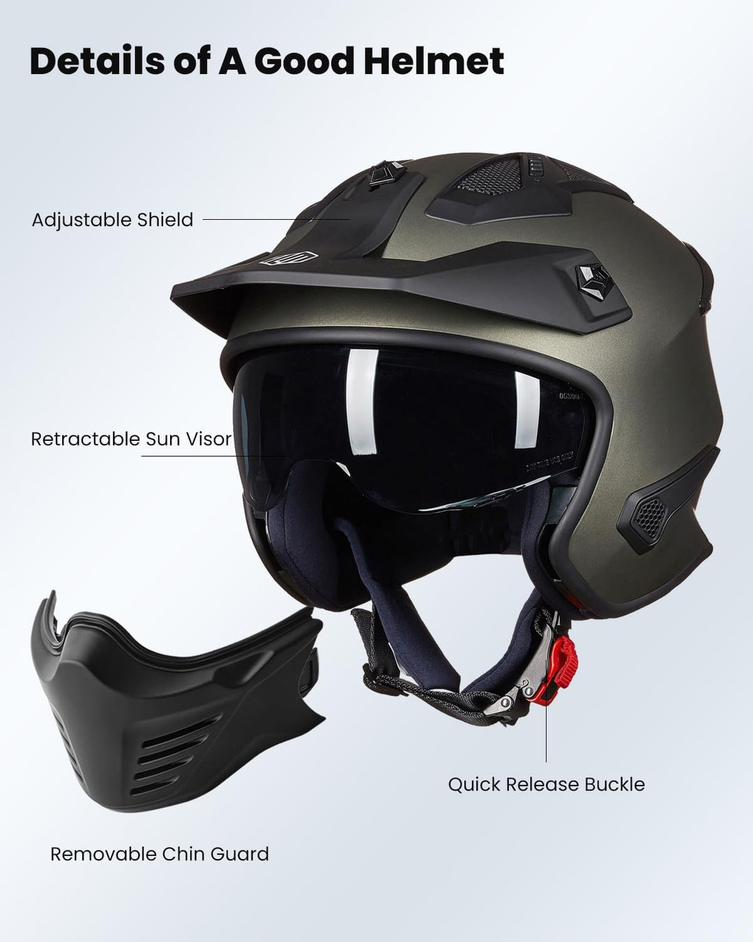 ILM Helm Motorrad Integralhelm Motocross Herren Damen Vintage Retro mit Visier ECE Model 726X L Grün