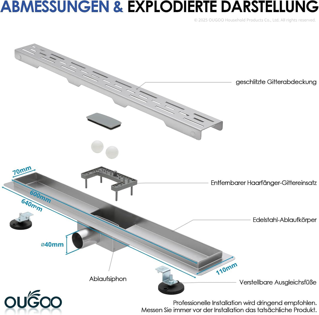 Duschrinne 60 cm 304 Edelstahl, Linearer Bodenablauf Komplettset Gitter – Gebürstet, Gitter – Gebürs