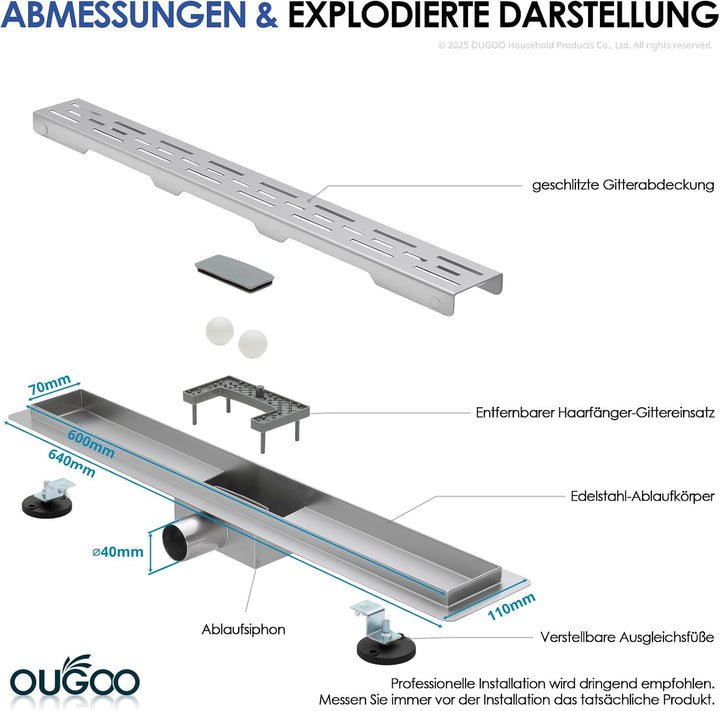Duschrinne 60 cm 304 Edelstahl, Linearer Bodenablauf Komplettset Gitter – Gebürstet, Gitter – Gebürs