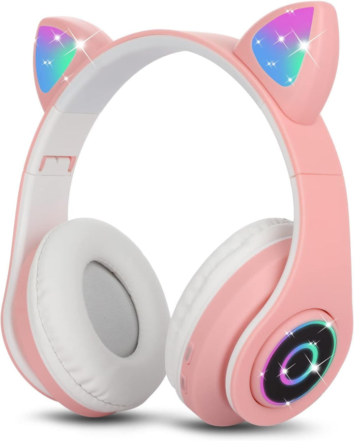 Sendowtek Bluetooth Kopfhörer für Kinder Mädchen Over Ear Niedlich Katzenohren LED Licht Kabellos Ko