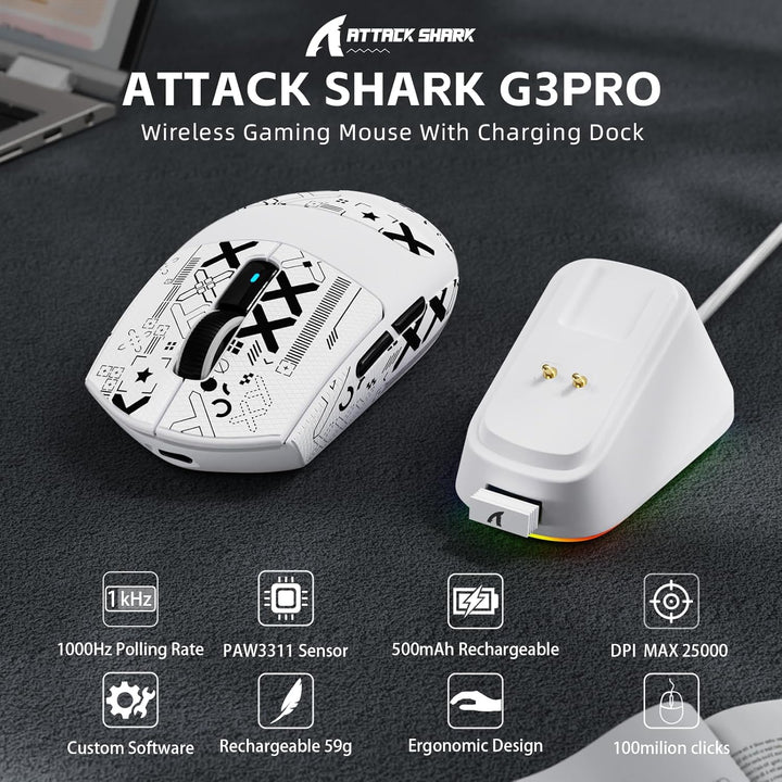 ATTACK SHARK G3PRO Kabellose Gaming-Maus mit Magnetischer Ladestation, PixArt PAW3311-Sensor, Bis zu
