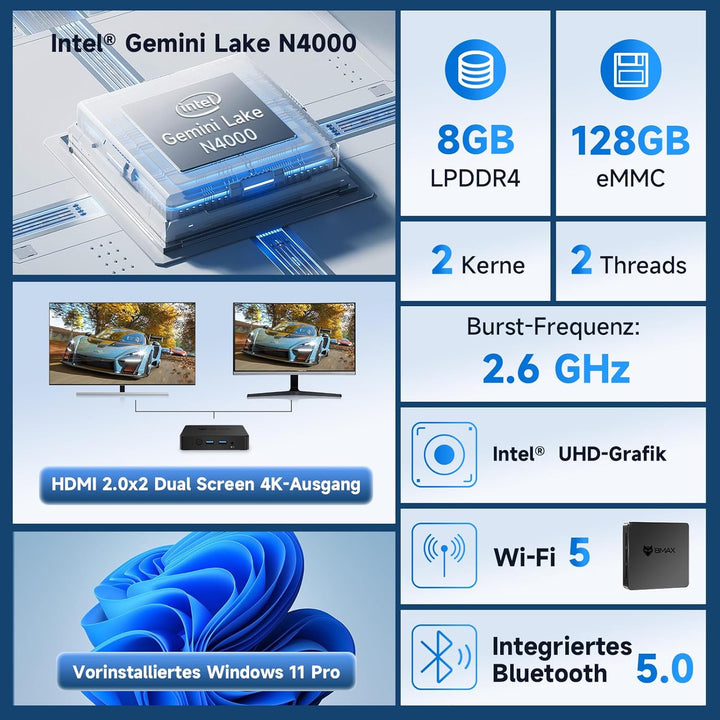 BMAX Mini PC B1 8 GB DDR4 128 GB eMMC, W-11 Pro Gemini Lake N4000 (bis zu 2,6 GHz), Desktop PC Mini