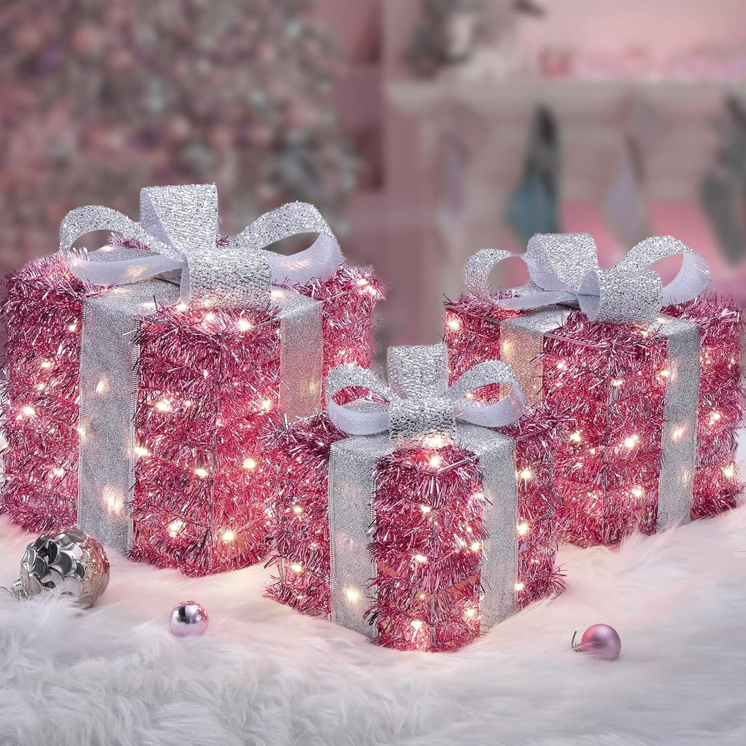 Quntis 3 Set LED Geschenkbox Weihnachten, Weihnachtsdeko Innen Strombetrieben, 140 warmweisse LEDs,