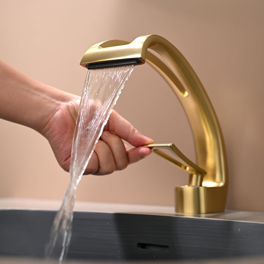 Waschtischarmatur Gebürsteter Gold, Wasserhahn Bad Waschbecken Armatur Wasserfall Badarmatur, Wassse