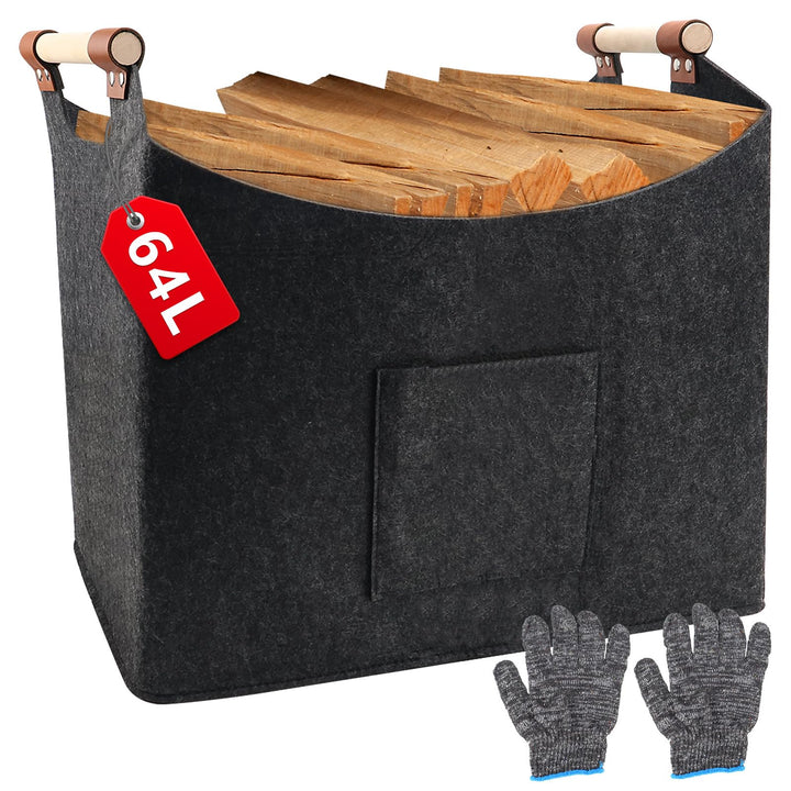 Kaminholzkorb Filz XL(64L, 50x32x40cm), Holzkorb für Kaminholz Gross, Extra Dicker Filz, Faltbarer B