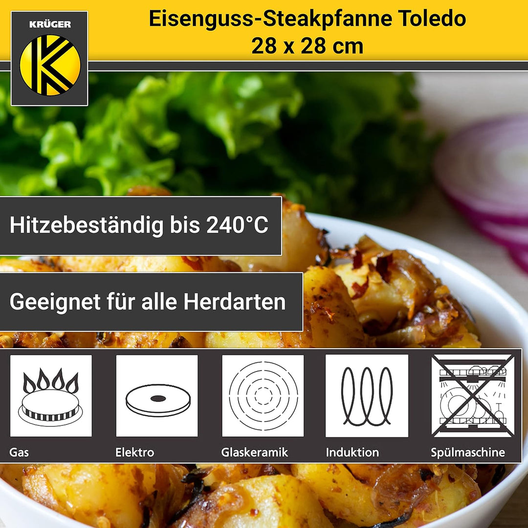 KRÜGER Gusseisen-Grillpfanne Toledo mit Ausgiesser - 28 x 28 cm - emailliert - hohe Hitzebeständigke