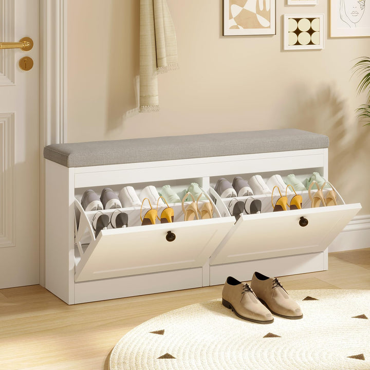 VOWNER Schuhschrank mit 2 Klappen, Schuhregal Schuhkipper Schmal, Sitzbank mit Sitzkissen, Verstellb