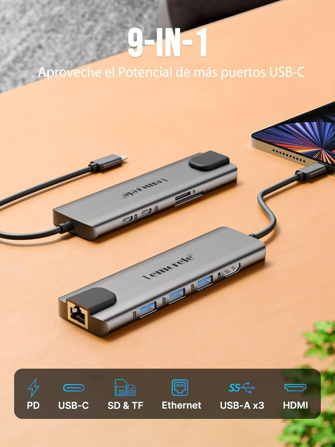 Lemorele USB C Hub -Docking Station 9 in 1 Aluminiumschale mit Gigabit Ethernet, 4K HDMI,100W PD,3 U