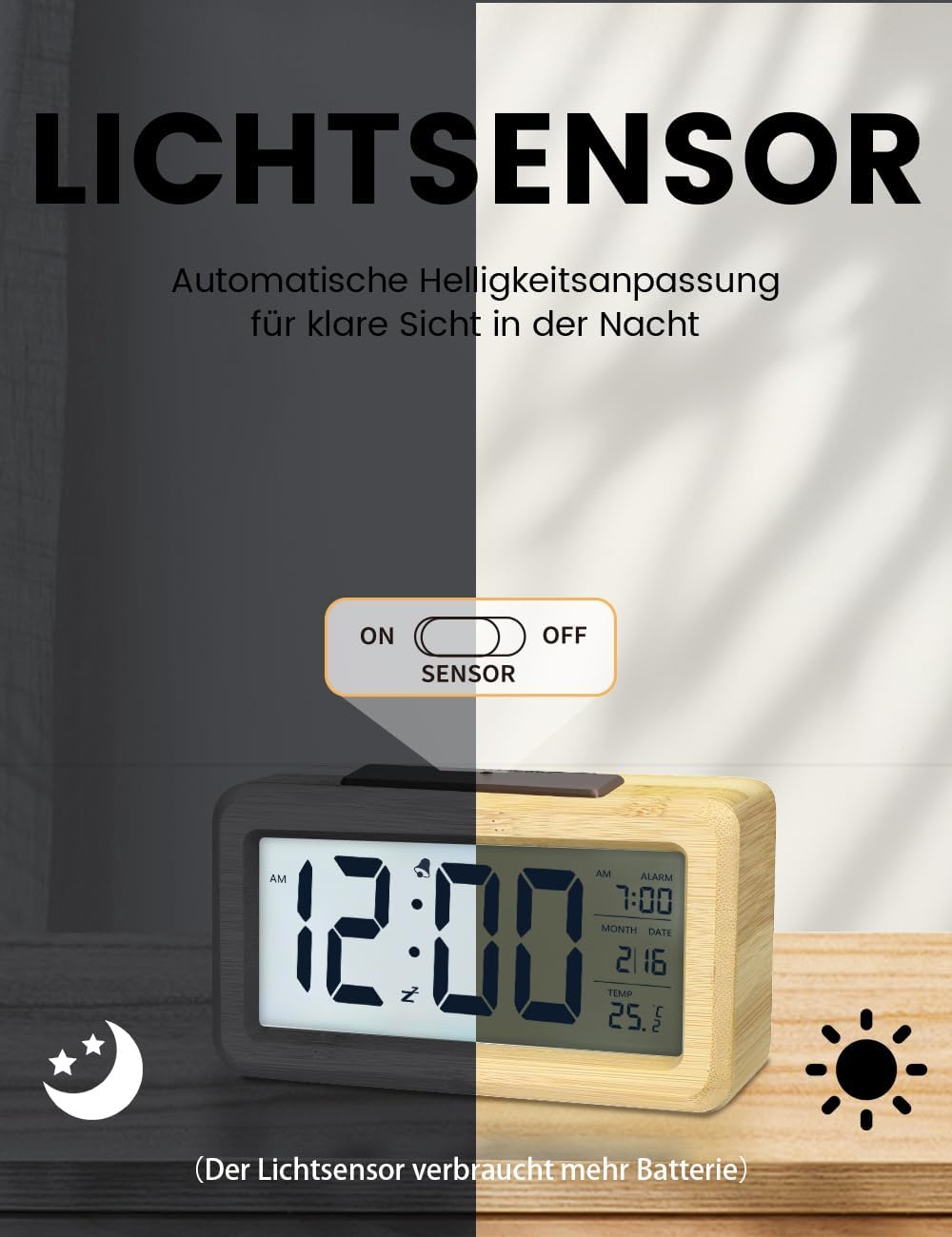 aboveClock Wecker Digital, Digitaler Wecker Holz mit Grosse Temperaturanzeige, Tischuhr mit Snooze,