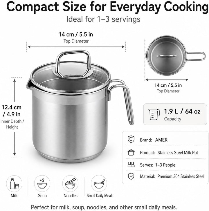 BAIFULAI 1.9L Silber Milchtopf mit Deckel: Ø 14cm Edelstahl-Milchtopf mit Griff und Ausgiesser, Koch