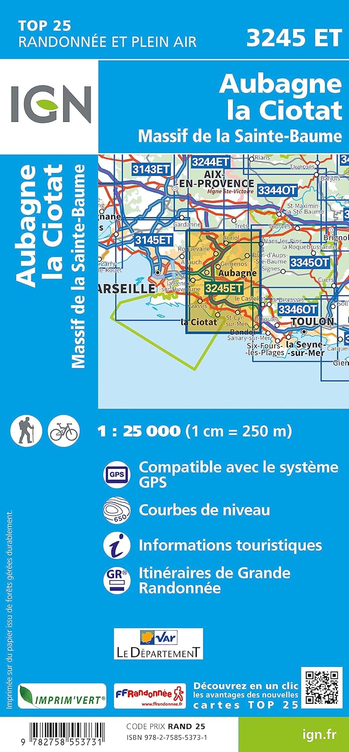 3245ET AUBAGNE - LA CIOTAT Topographische Wanderkarte Frankreich 1:25.000 TOP 25 IGN, Karte