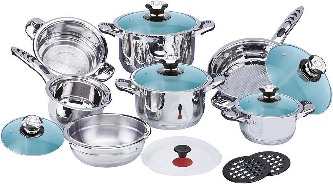 RL 16 TLG. Edelstahl Topfset Töpfe Kochtöpfe Kochtopf Topf Set Pfannen Kochgeschirr (Glasdeckel)
