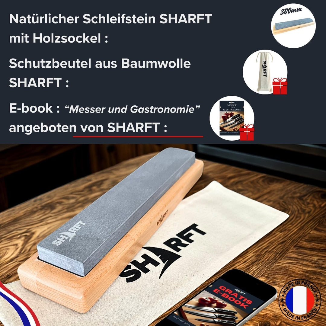 SHARFT, natürlicher Schleifstein aus den Pyrenäen, entspricht Körnung 1000 + Holzsockel. Schleifstei