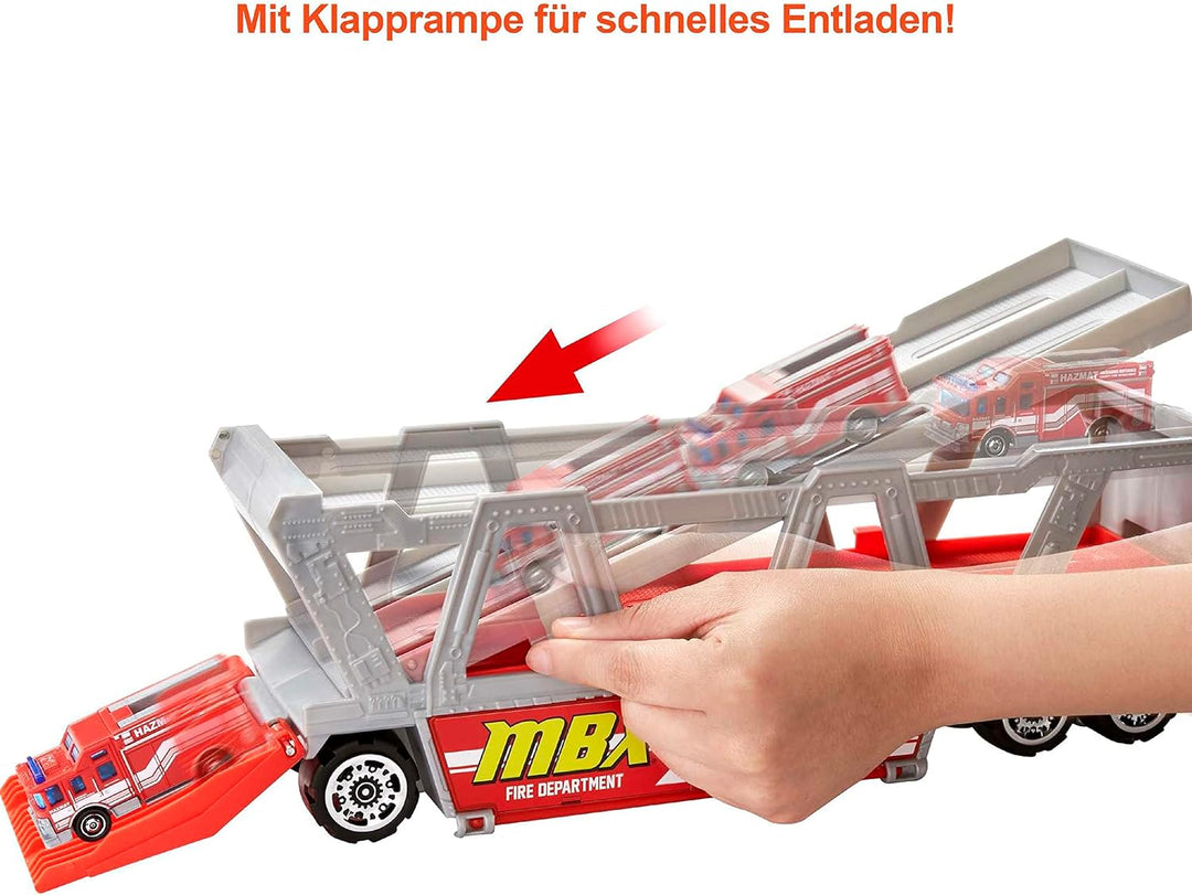 Matchbox HHJ12 - Feuerwehr-Rettungswagen Spielset, 1 Feuerwehr- Fahrzeug, Platz für 16 Autos, leicht