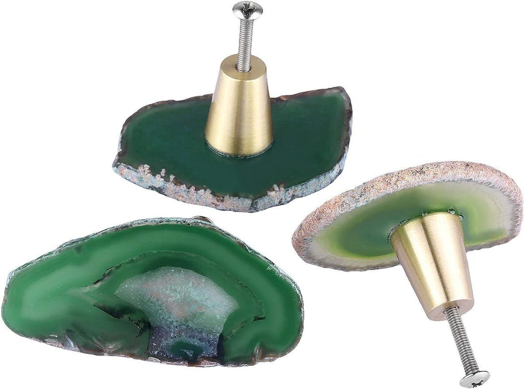 KYEYGWO 4 Stück Grün Unregelmässig Achat Scheiben Möbelknöpfe mit Schraube, Messing Schubladenknöpfe