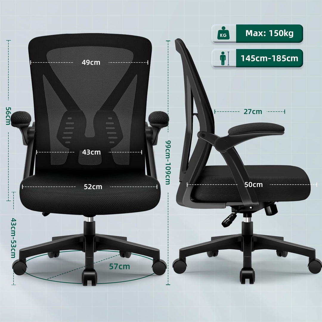 Bürostuhl Ergonomisch,Schreibtischstuhl mit Hochklappbaren Armlehnen, Einstellbarer Lendenstütze, Wi