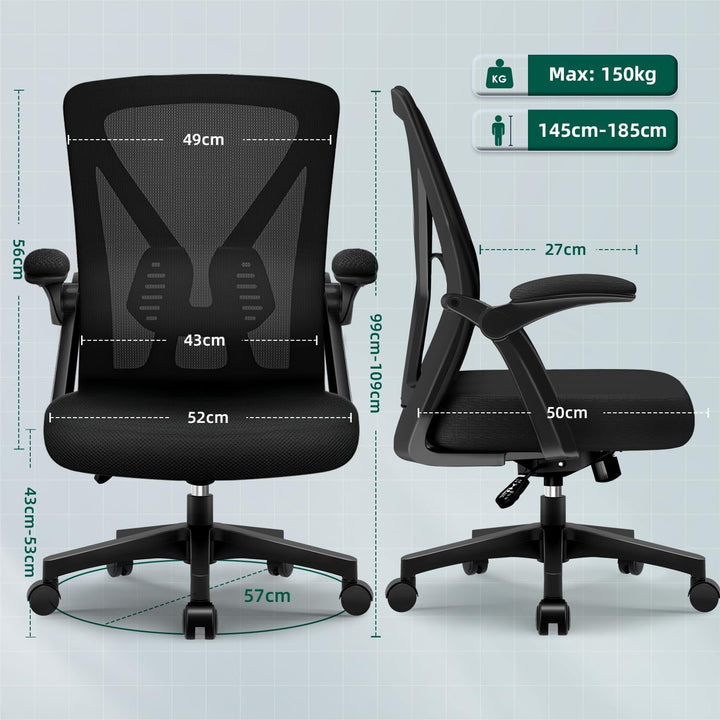Bürostuhl Ergonomisch,Schreibtischstuhl mit Hochklappbaren Armlehnen, Einstellbarer Lendenstütze, Wi