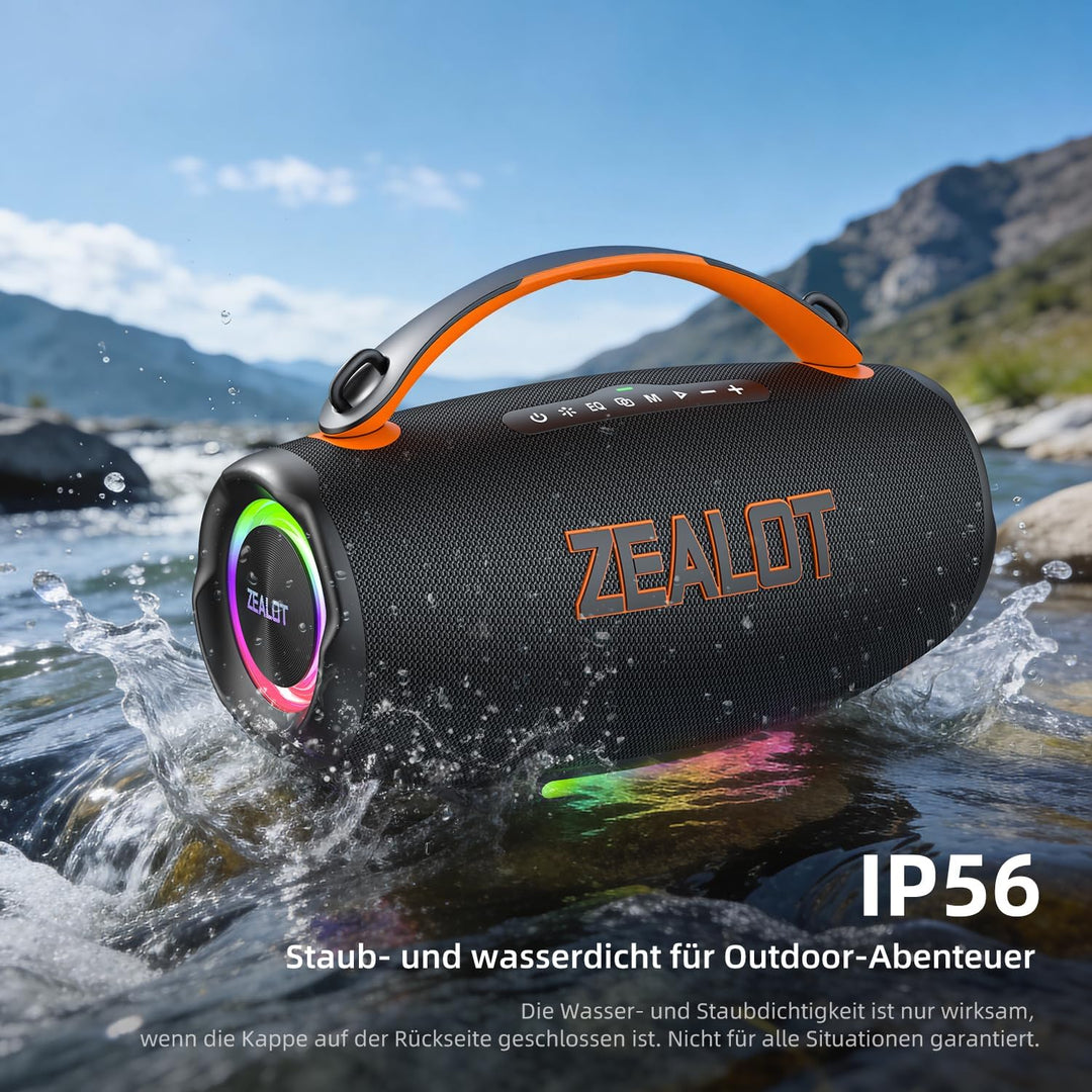 ZEALOT 100W Tragbarer Bluetooth Lautsprecher mit Licht,24 Stunden Wiedergabezeit,Bluetooth 5.3, IP56