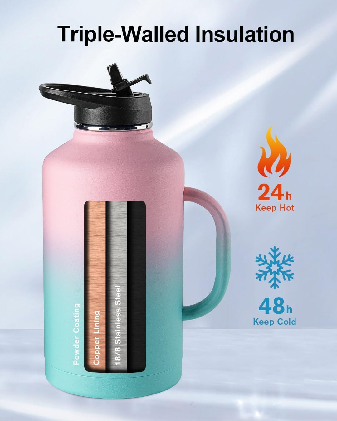 Trebo 1,8 l Wasserflasche isoliert mit Strohhalm und 2 Deckeln, doppelwandig, Vakuum, Edelstahl, Met